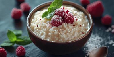 Creamy rice pudding topped with fresh raspberries and mint leaves in a rustic bowl photo