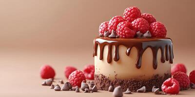Decadent chocolate cake topped with fresh raspberries and chocolate chips on a smooth background photo
