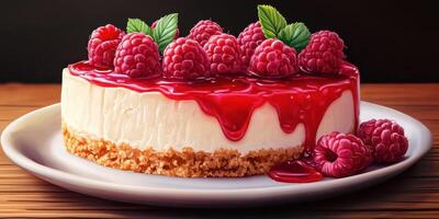 Creamy cheesecake topped with raspberry sauce and fresh berries on a wooden table photo
