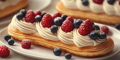 Fresh dessert featuring raspberry, blueberry, and cream on pastry in a cozy bakery setting during afternoon hours photo