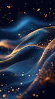 Abstract representation of flowing waves illuminated by golden particles in a dark setting showcasing movement and light interplay photo