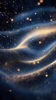 Magical waves of golden light swirl through a dark background creating a cosmic ambiance at night photo