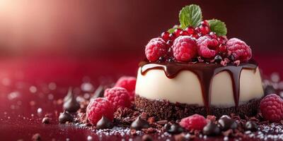 Delicious dessert featuring chocolate, raspberries, and mint on a red background with a rich, creamy texture photo