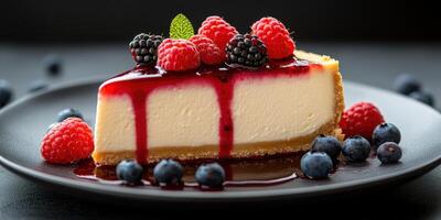 Delicious cheesecake topped with fresh berries and berry sauce on a dark plate photo