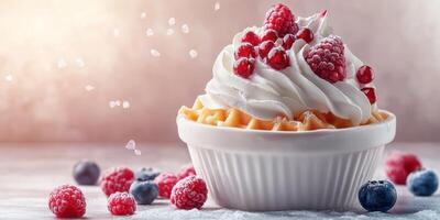 Dessert preparation featuring whipped cream and fresh berries in a cozy kitchen setting during afternoon photo
