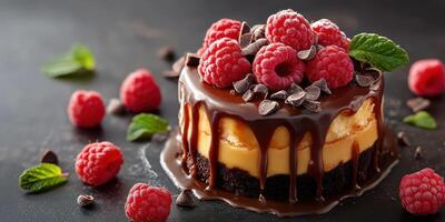 Decadent chocolate raspberry cheesecake garnished with fresh berries and mint on a dark background photo