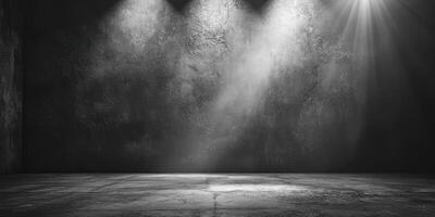 Dramatic lighting enhances a textured gray wall and floor in an empty space for artistic expression or performance setup photo