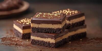 Decadent chocolate peanut butter dessert layered with rich icing served on a dark wooden table photo