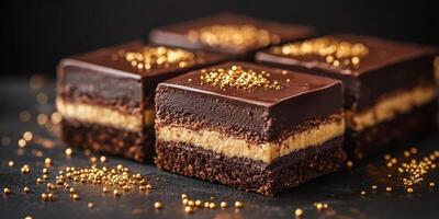 Decadent chocolate dessert squares with rich peanut butter filling and golden toppings on a dark background photo