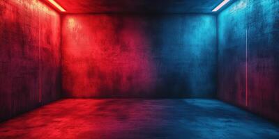 Bold neon lights illuminate an empty room with vibrant colors creating a modern and futuristic atmosphere photo