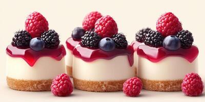 Delicious mini cheesecakes topped with berries and glossy glaze on a light background photo