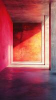 Vibrant interior space featuring bold color contrasts with natural light highlighting structural details photo