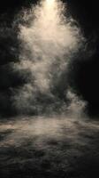 Mysterious fog envelops an empty space, creating an eerie atmosphere at night in a dimly lit environment photo
