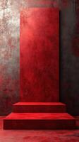 Red textured backdrop with steps creates a dramatic setting for performances or presentations in a modern space photo