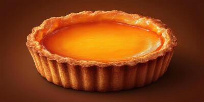 Delicious golden-brown tart filled with smooth, creamy custard resting on a dark background photo