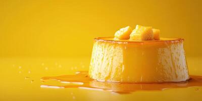 Flan dessert with caramel sauce and mango pieces on a bright yellow background photo
