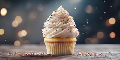 Delicious cupcake with creamy frosting and colorful sprinkles on a wooden surface during a festive celebration photo