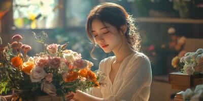 Young woman arranging a beautiful bouquet in a cozy flower shop during daylight hours photo