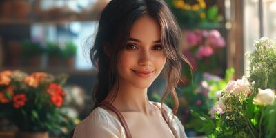 Young woman smiles warmly while arranging flowers in a vibrant floral shop during the afternoon photo