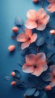 Beautiful coral flowers with leaves on a blue background creating a serene and elegant design in spring photo