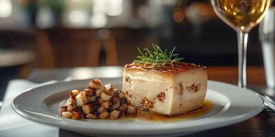 Delicious savory dish served on a white plate with side of diced potatoes and a glass of white wine in a cozy restaurant setting photo