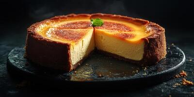Creamy cheesecake with a golden crust on a dark background, showcasing a generous slice removed photo