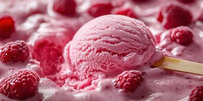 Delightful raspberry ice cream scoop in creamy texture with fresh berries on a sunny day photo