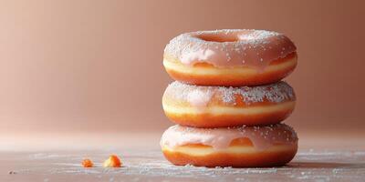 Freshly frosted donuts stacked with sugar sprinkles on a neutral background photo