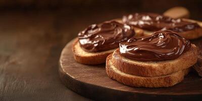 Sweet breakfast treat with chocolate spread on toasted bread served on a wooden board photo
