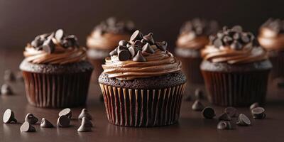 Decadent chocolate cupcakes topped with creamy frosting and chocolate chips in a stylish display photo