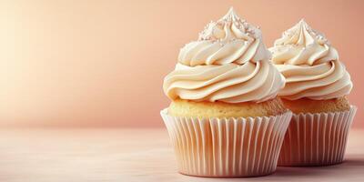 Delicious vanilla cupcakes with creamy frosting on a soft background for dessert lovers photo