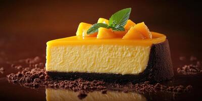 Delicious mango cheesecake slice garnished with fresh mango pieces and mint leaves on a dark background photo