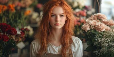 Portrait of a young woman with long red hair surrounded by a variety of colorful flowers in a floral shop photo