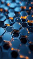 Hexagonal patterns with glowing orange accents create an abstract design on a dark surface photo