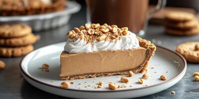 Delicious slice of peanut butter pie served with whipped cream and nuts on a rustic table photo
