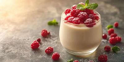 Creamy dessert topped with fresh raspberries and mint on a textured surface in a warm setting photo