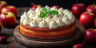 Homemade apple cake with cream frosting surrounded by fresh apples on wooden table photo