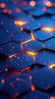 Intricate hexagonal patterns illuminated by glowing particles at dusk photo