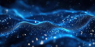 Bright blue waves of light create a mesmerizing effect in a digital landscape with shimmering particles photo