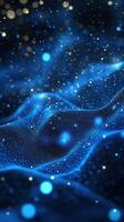 Abstract depiction of a glowing blue landscape with luminous particles in a dark atmosphere photo