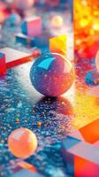 Colorful abstract composition of spheres and geometric shapes illuminated by vibrant lighting in a creative studio setting photo
