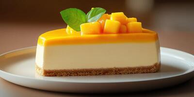 Delicious mango cheesecake presented on a white plate garnished with fresh mango pieces and mint leaf photo