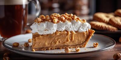 Delicious slice of creamy peanut butter pie with whipped topping and peanuts served with a beverage photo