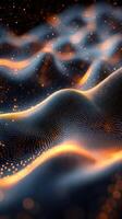 Colorful digital waves create an abstract landscape filled with light and movement in a dark setting photo