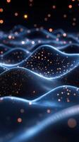Digital waves of light shimmer softly in a dark space highlighting intricate patterns and glowing particles photo