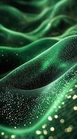Intricate green wave patterns with glowing particles in a mesmerizing digital landscape photo