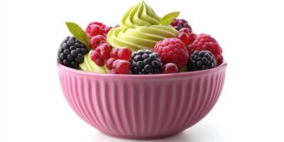 Deliciously crafted bowl of vibrant froyo topped with fresh berries and mint leaves perfect for a warm day photo