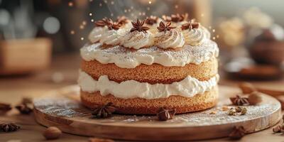 Deliciously decorated layer cake with creamy frosting and spices in a cozy kitchen setting photo