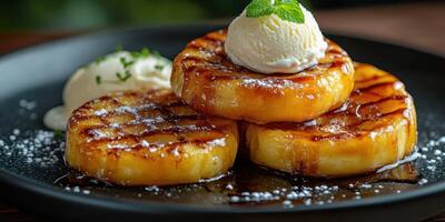 Deliciously grilled pineapple slices topped with creamy vanilla ice cream and mint garnish served on a black plate photo