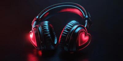 Stylish black headphones with glowing heart designs showcase modern audio technology at a sleek venue photo